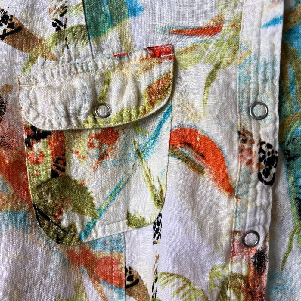 Chicos Shirt Size 1/M Tropical Paradise Print 100% Linen Snap Down Long Sleeve - Picture 7 of 16